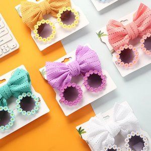 Headband Bow And Flower Sun Glasses Set